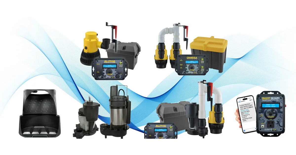 Group of sump pump products on a white background